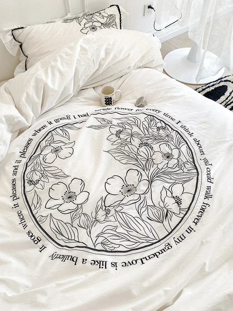 Pastoral Black White Washed Cotton Four-Piece Set Super Soft Simple Embroidered Quilt Cover Bed Sheet Ins Bedding Plant Flower
