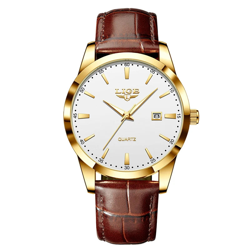 LIGE Men's Brown Leather Watch — Military Sport Quartz Chronograph Wristwatch — view 10 of watches