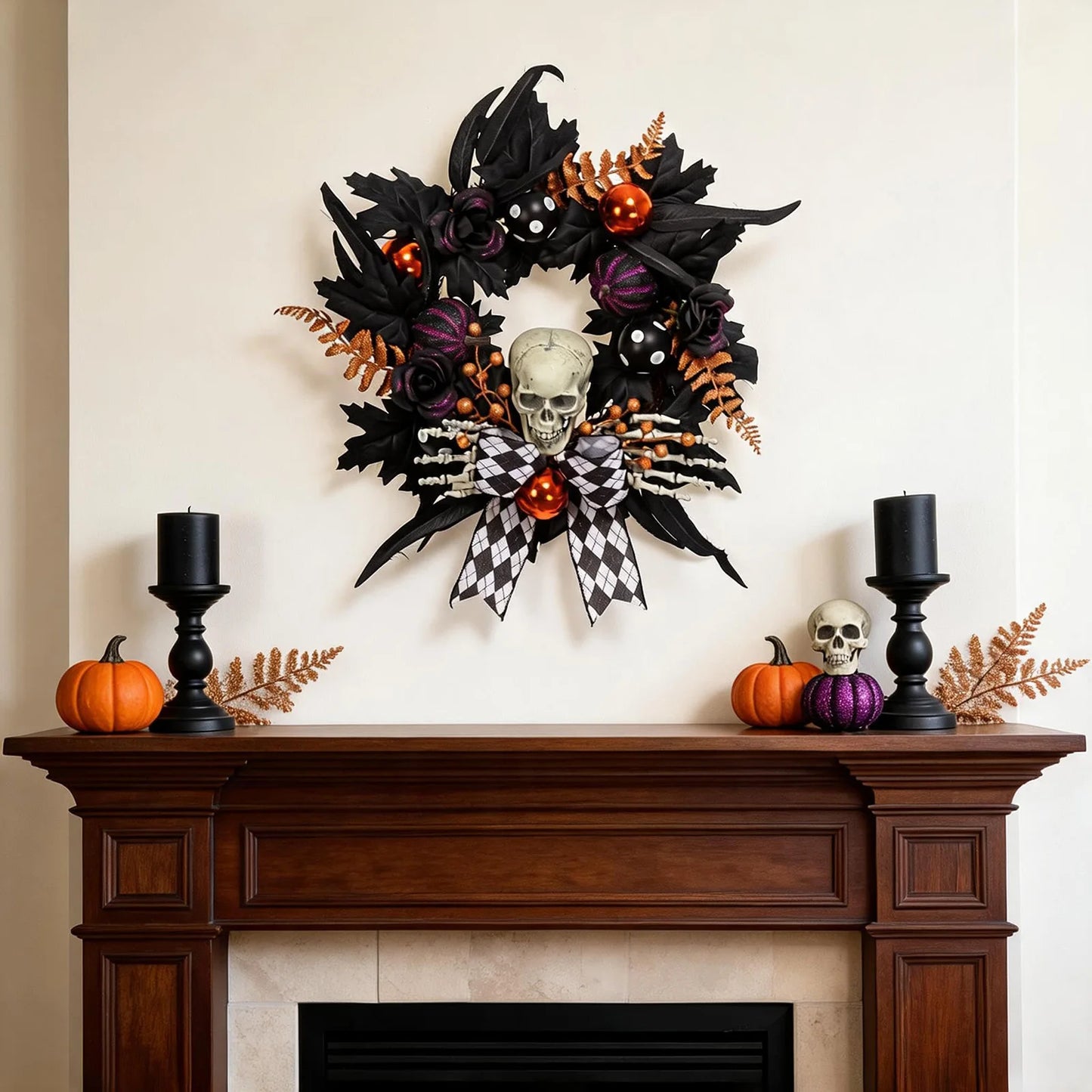 20-Inch Gothic Skeleton Halloween Wreath with Skulls & Pumpkins — product photo 4