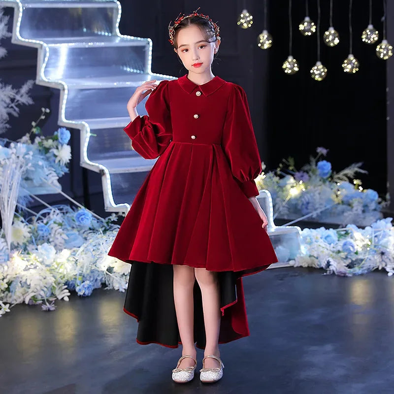 Fall Girls Velvet Princess dress Children's French Wine Red dress Baby Birthday Party Wedding Christmas Dress 6 8 to 10 12 Years