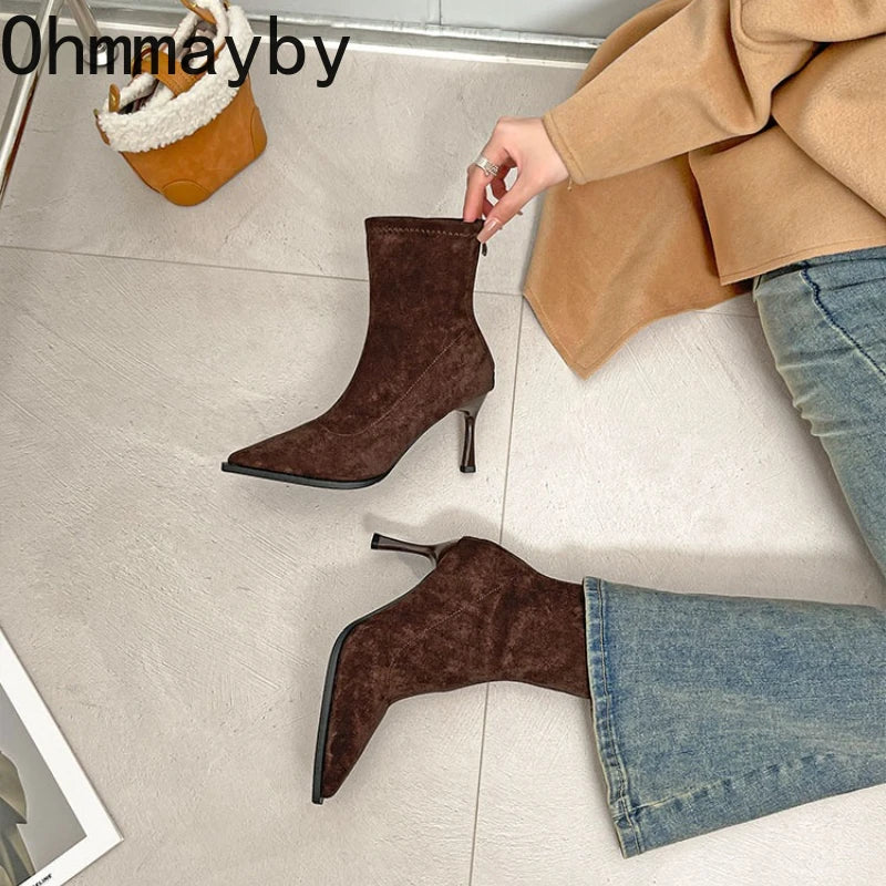 Heels & Pumps — Pointed-Toe Stretch Ankle Boots, Slim Booties Heeled Autumn Winter — view 3 of heels & pumps