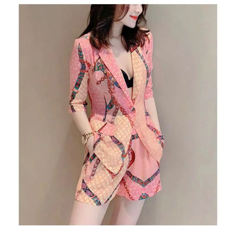 Korean Fashion Style Slim Fit Set for Women 2023 Summer New Arrival Temperament Print Slim Fit Suit Shorts Two Piece Sets