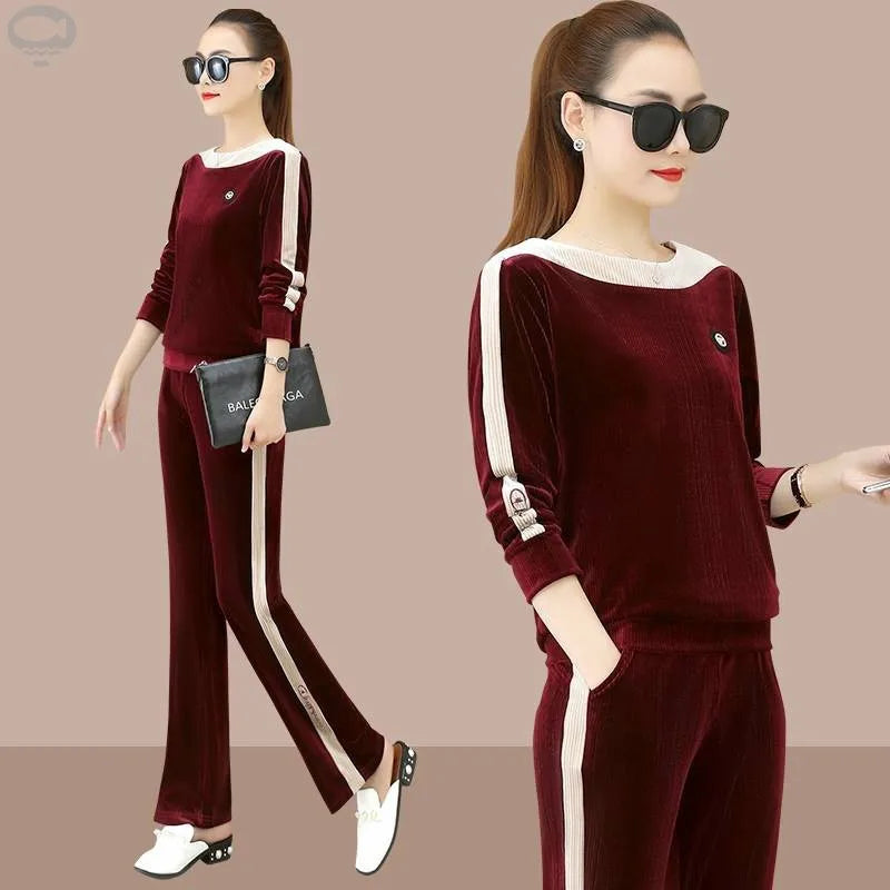 Plus Size Velvet Women Sportswear Tracksuit Loose Sweater Wide Leg Pant Running Jogger Fitness Gym Workout Casual Set Sport Suit