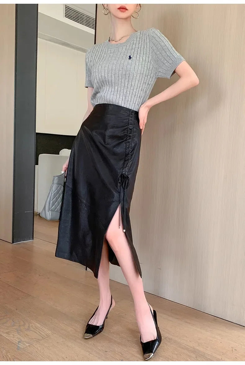 Women Long 30inch Real Leather Skirt Euro-American Calf-Length  Sheepskin Slim Pencil Skirt With Femme Side Fork Split Saia