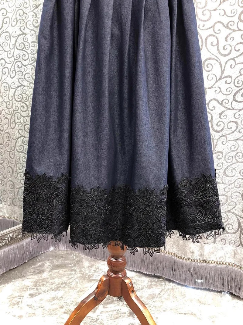 2025 Spring Fashion Long Denim Skirt High Quality Cotton Denim Women Lace Embroidery Casual Long Maxi Blue Jeans Skirt Clothing