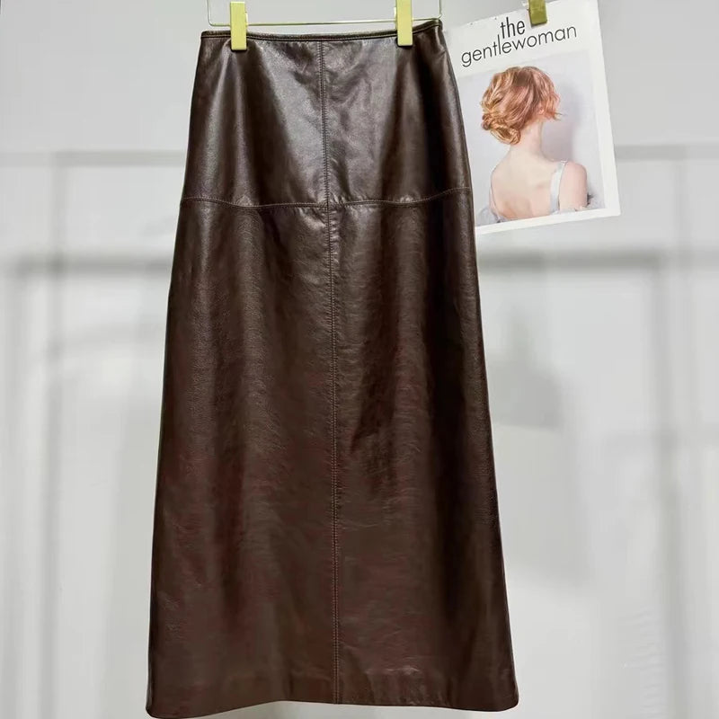 85 cm Long Ankle Length Leather Skirt for Women 100% Leather Straight Skirts Femme Casual Back Split Maxi Jupes Winter Clothing