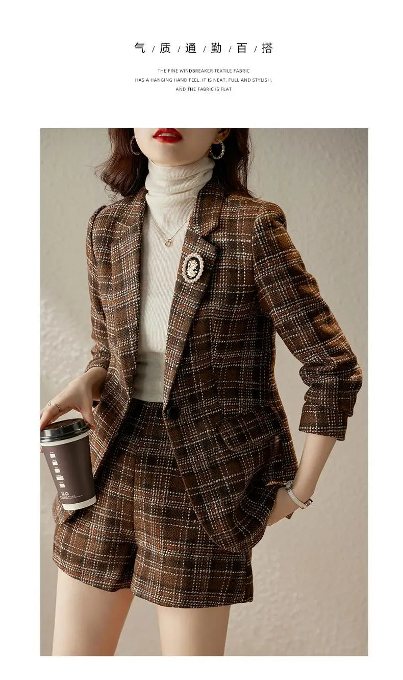 Autumn Winter Vintage Plaid Blazer Office Ladies 2 Piece Sets Korean Elegant Long Sleeve Suit Coat And High Waist Shorts Outfit