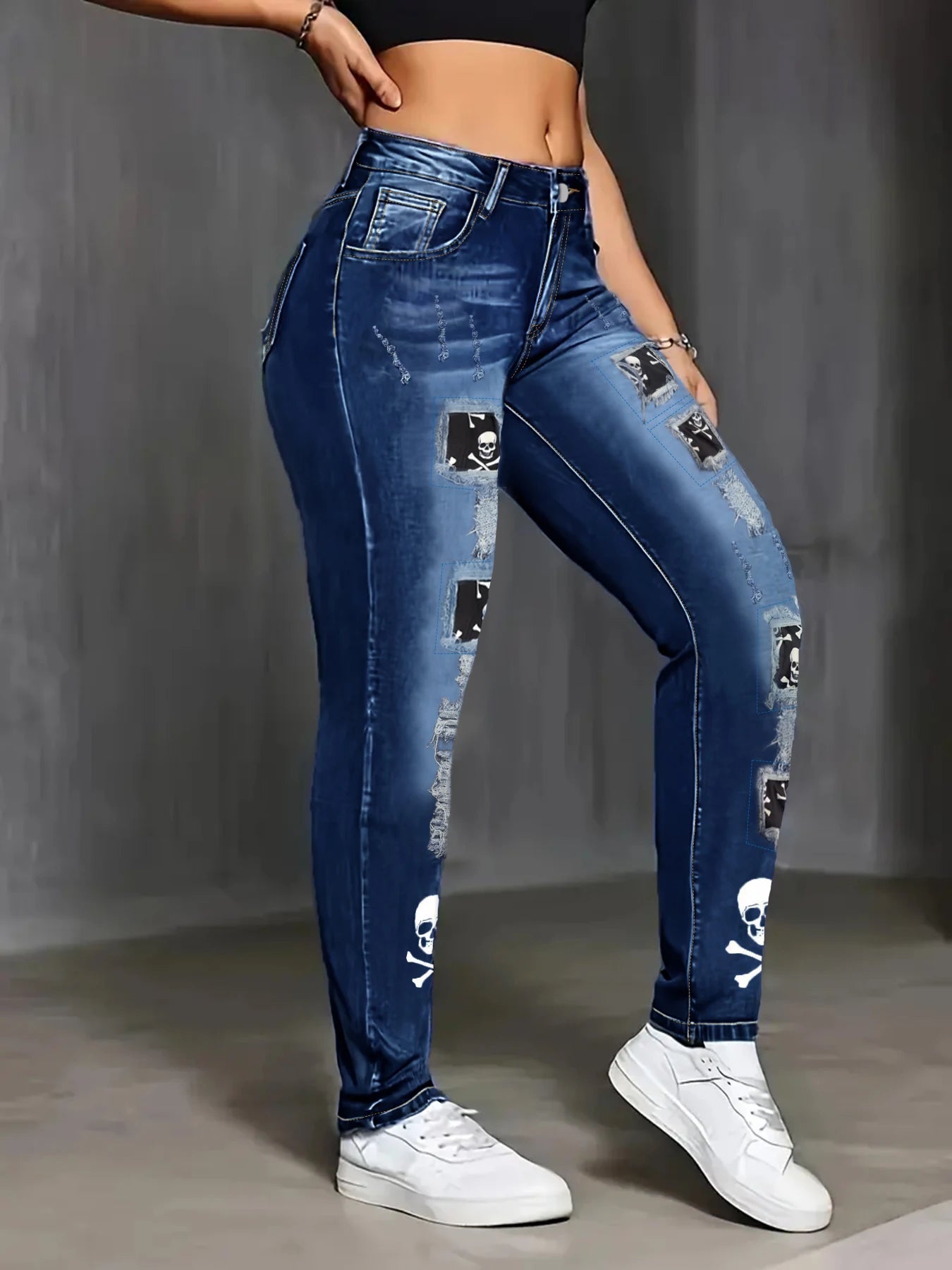 Plus-Size Dark-Wash Floral Embroidered Flare Jeans — Mid-Rise Slim Wide-Leg Denim — variant view 5