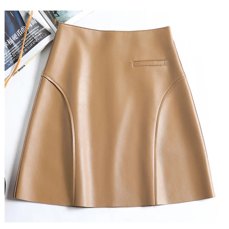 Real Leather Sexy Mini Skirt Women Spring South Korean Fashion High Waist Buttons Retro A-line Skirt