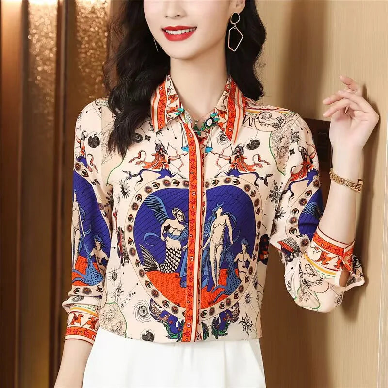 Women's Baroque Printed Mulberry Silk Shirts Spring Classic Vintage Fashion Loose Blouse Female Top Temperament Elegant Shirt