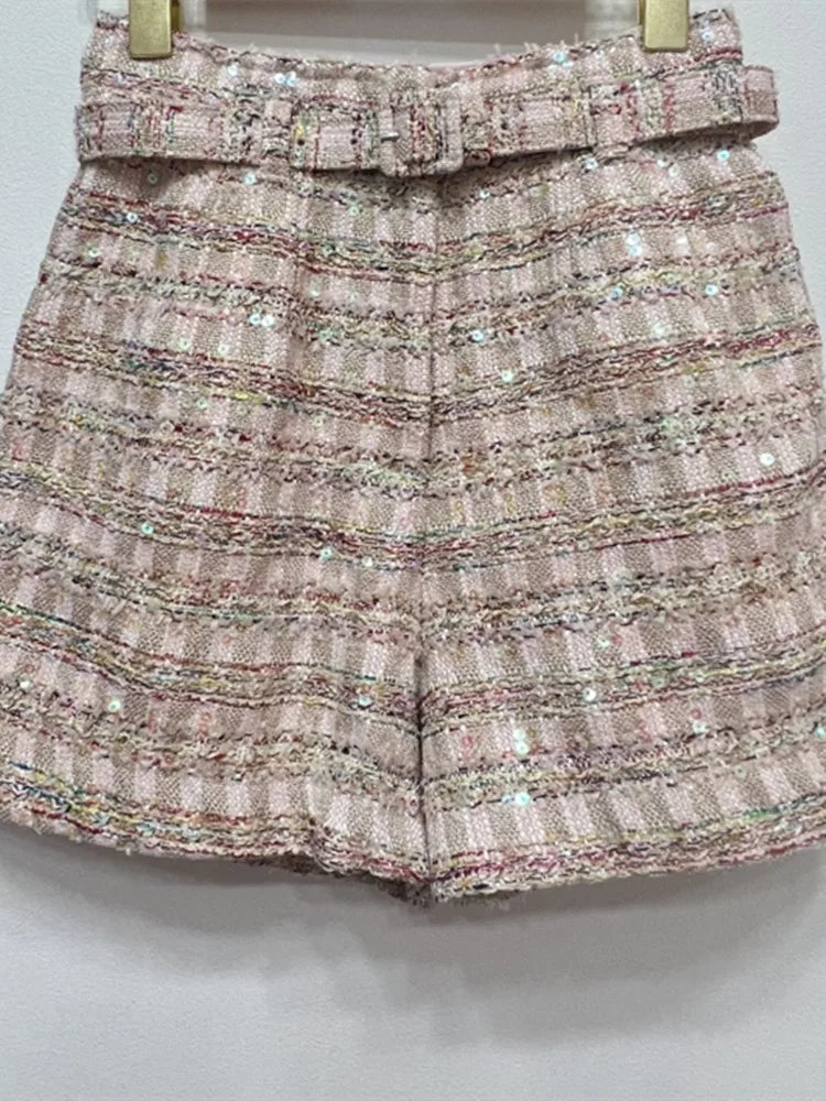 Female Tweed Shorts with Belt Autumn 2023 Women's Sequin High Waist Fashion Zipper Shorts