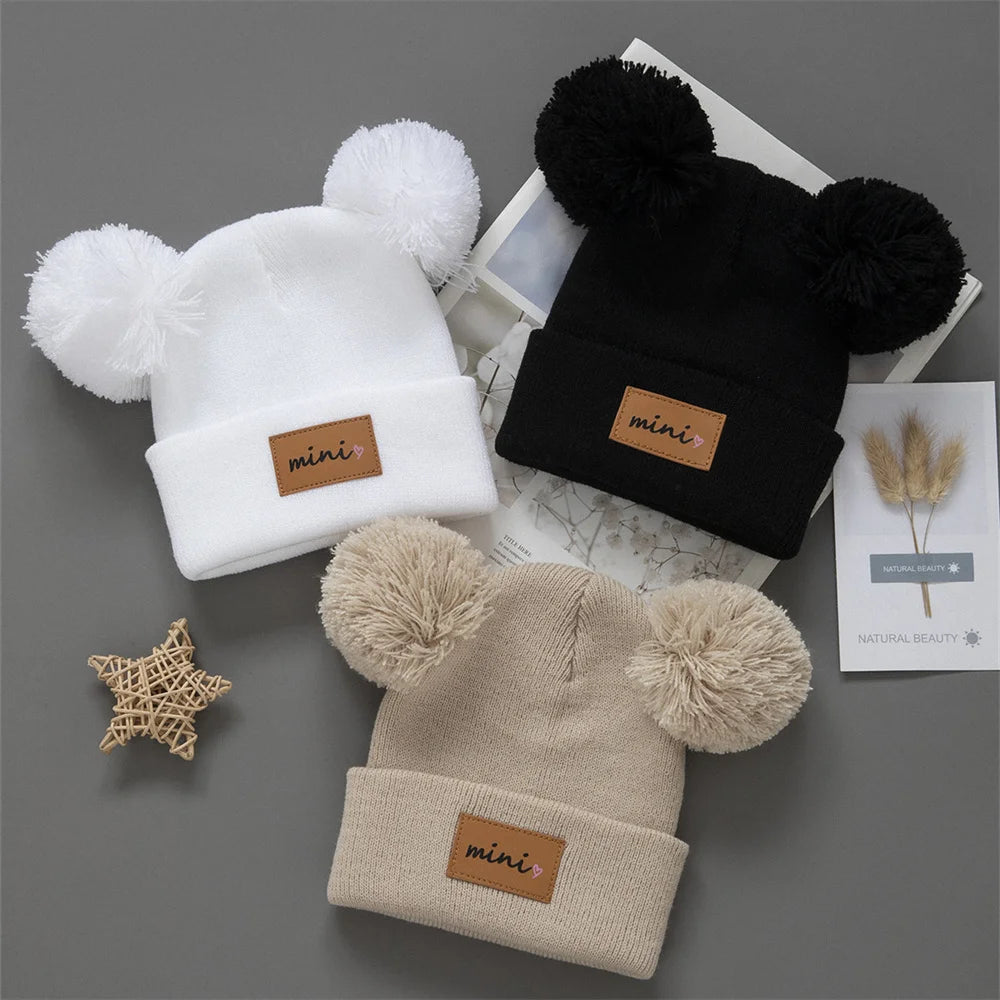 3pcs Infant Knit Beanie Bundle - Heart-Pompom Stretchy Caps in Mixed Colors — view 3 of baby hats