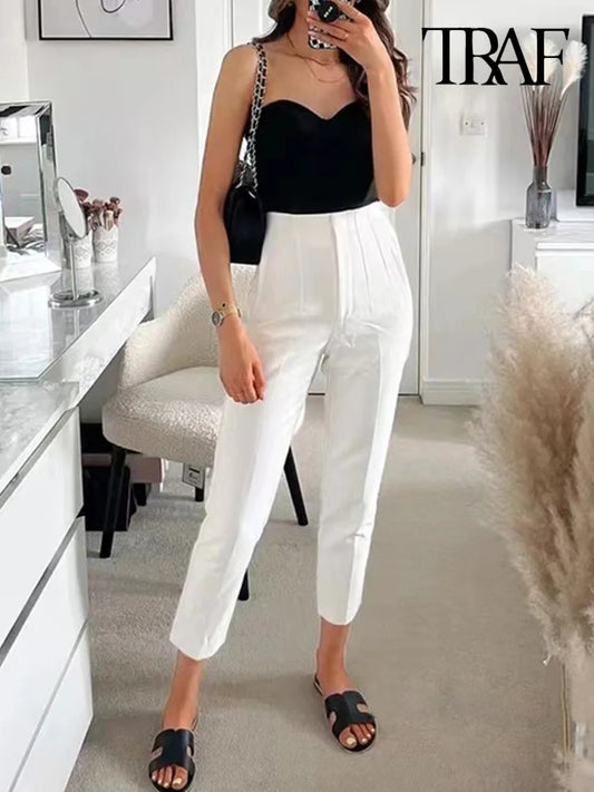 TRAF Women Fashion With Pockets Casual Basic Solid Pants Vintage High Waist Zipper Fly Female Ankle