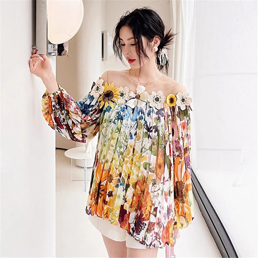 2024 Spring Women Top Patchwork Mesh Off Shoulder Printed Blouse Three-dimensional Flower Fashion Draped Loose Shirt