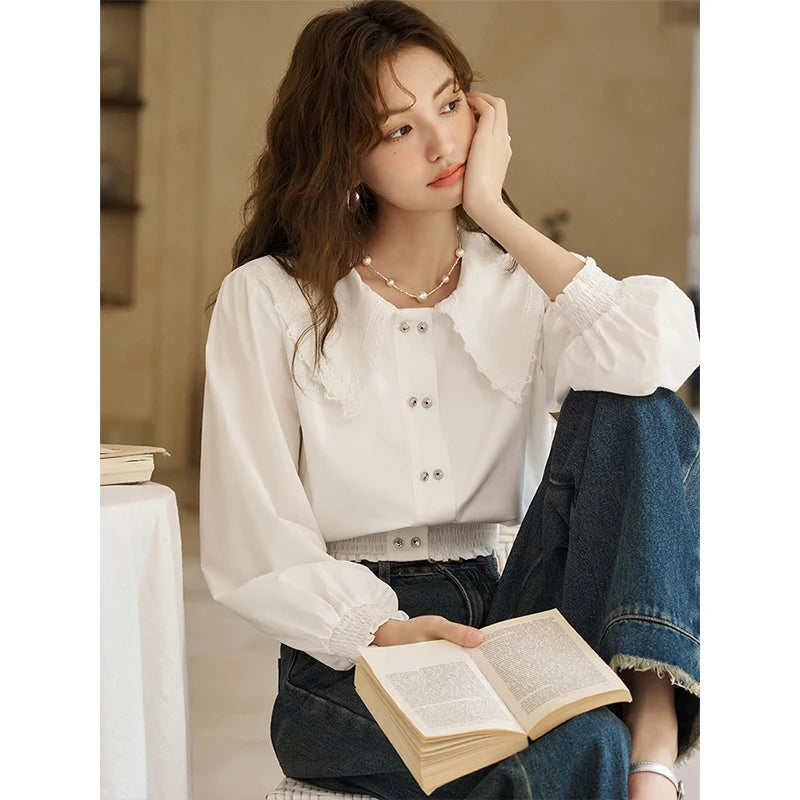 MISHOW Korean Doll Neck Shirt 2024 Spring Lace Patchwork Bubble Sleeve Elastic Hem Double Breasted Solid Short Tops MXD12C0164