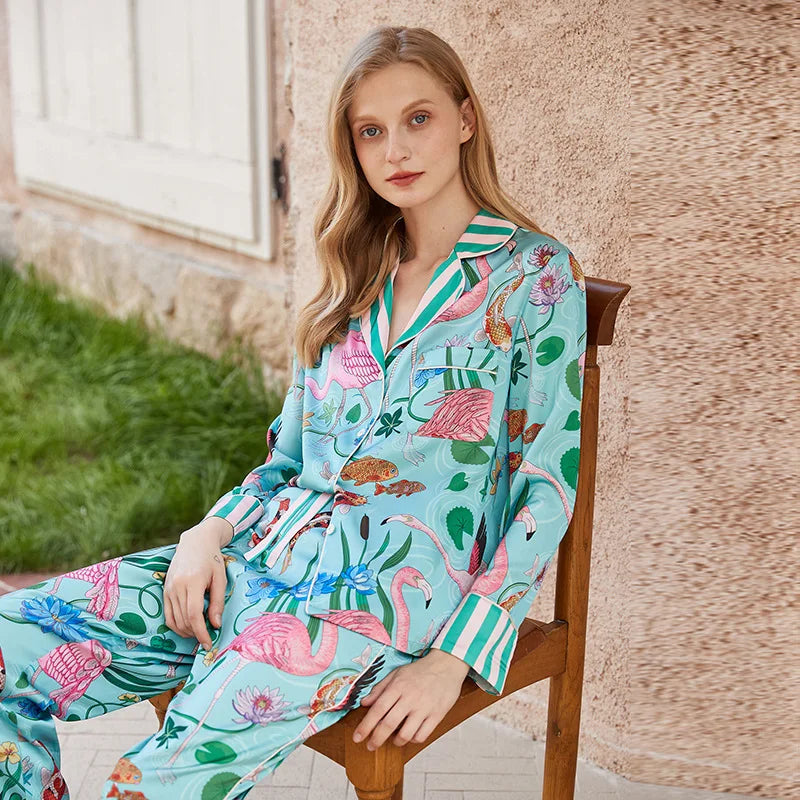 Ins Style Design Ice Silk Flamingo Pajamas Women's Spring Summer Long Sleeves Pants Home Suit Plant Flowers