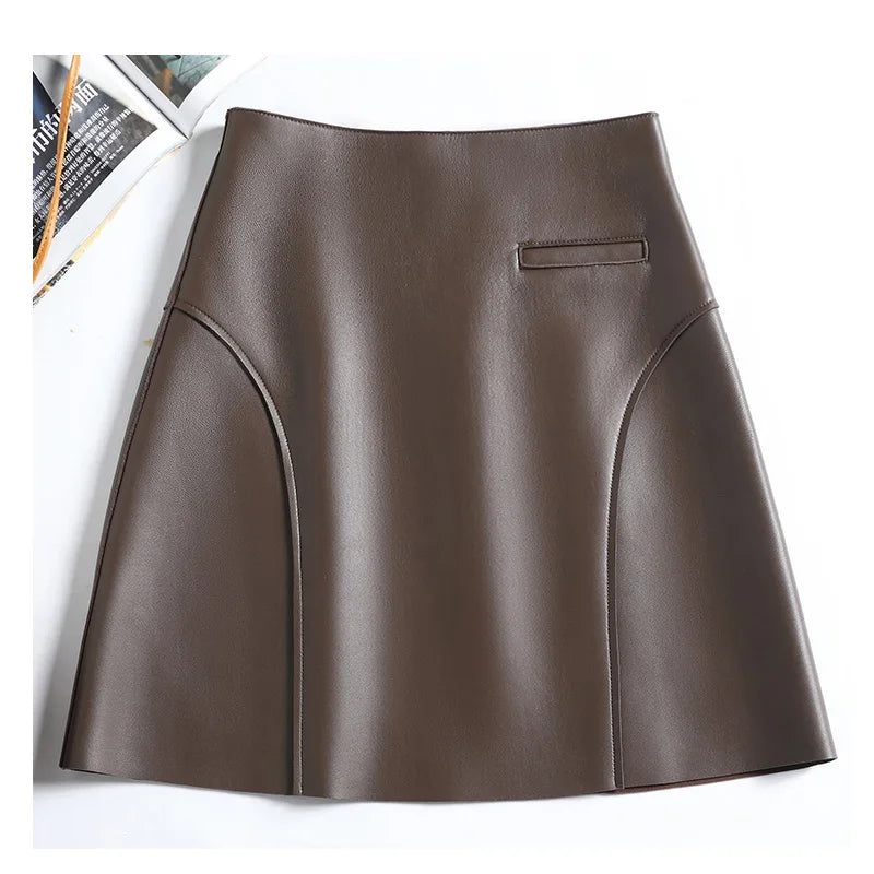 Real Leather Sexy Mini Skirt Women Spring South Korean Fashion High Waist Buttons Retro A-line Skirt