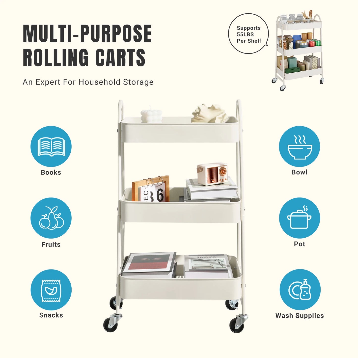 3-Tier Mobile Kitchen Storage Cart with Lockable Wheels — product photo 4