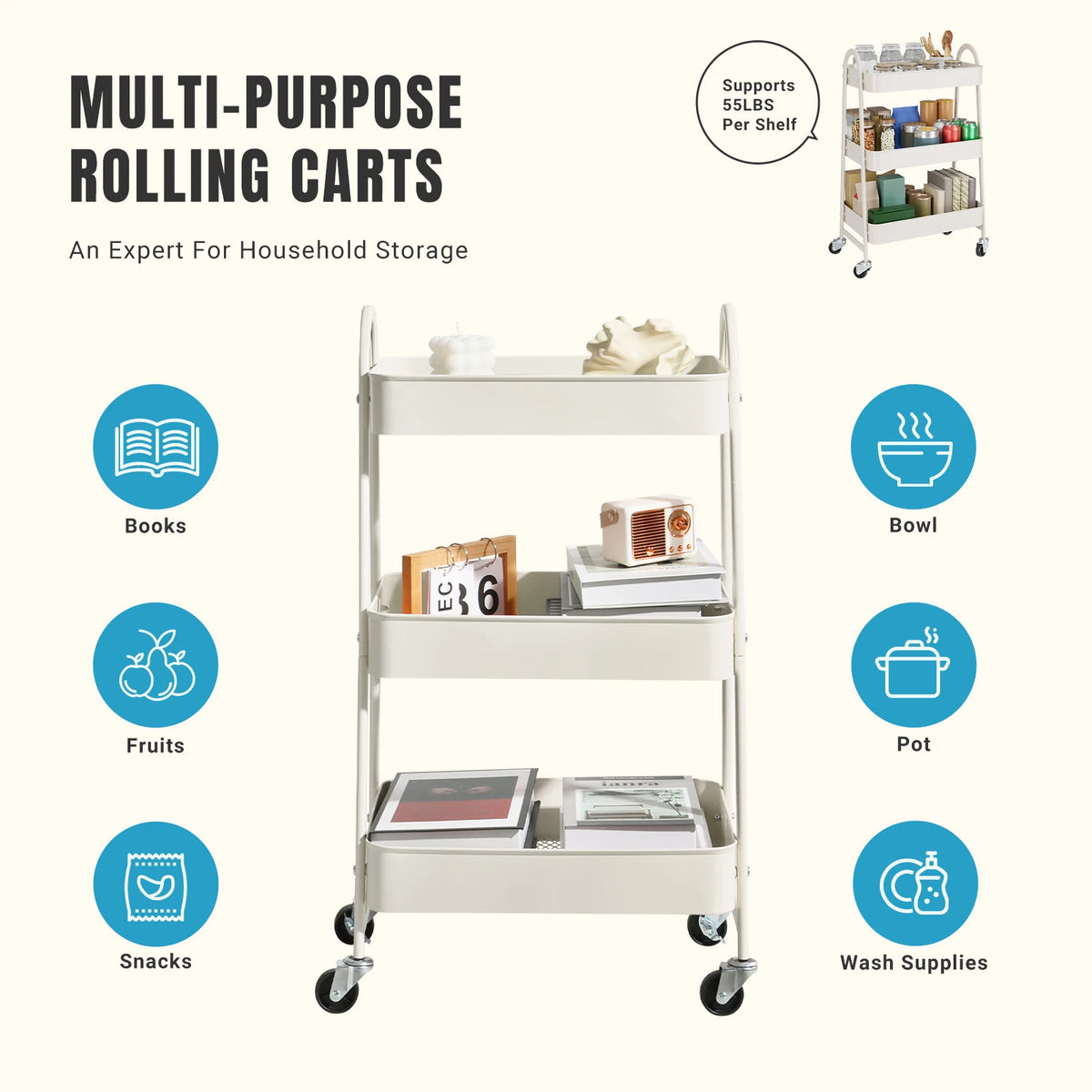 3-Tier Mobile Kitchen Storage Cart with Lockable Wheels — product photo 4