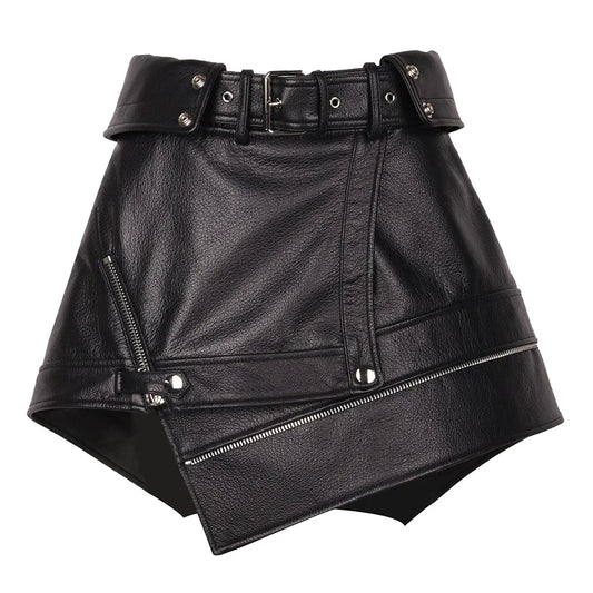 YOLOAgain A-Line Real Leather Skirt Women Black Asymmetrical Mini Skirt Ladies Streetwear