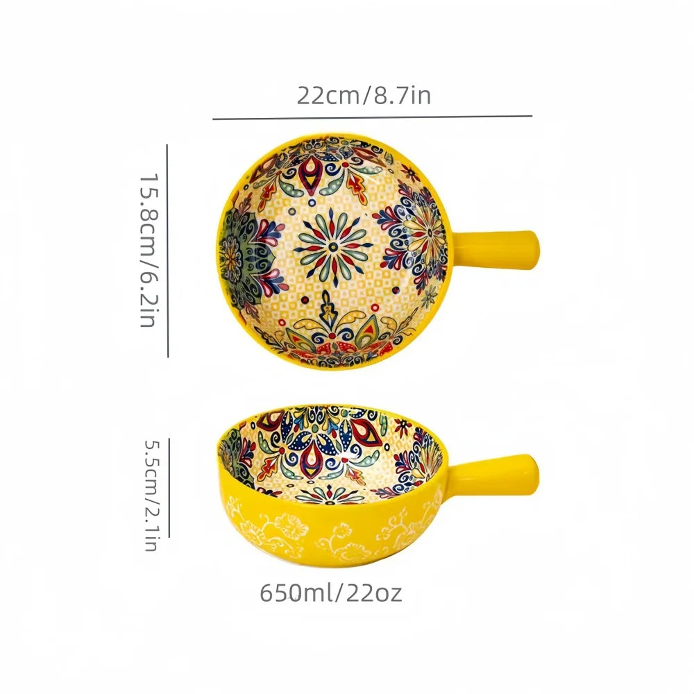 Bohemian Hand-Painted Ceramic Salad Bowl — Embossed Patterned Bakeware with Handle — view 9 of dining & tableware