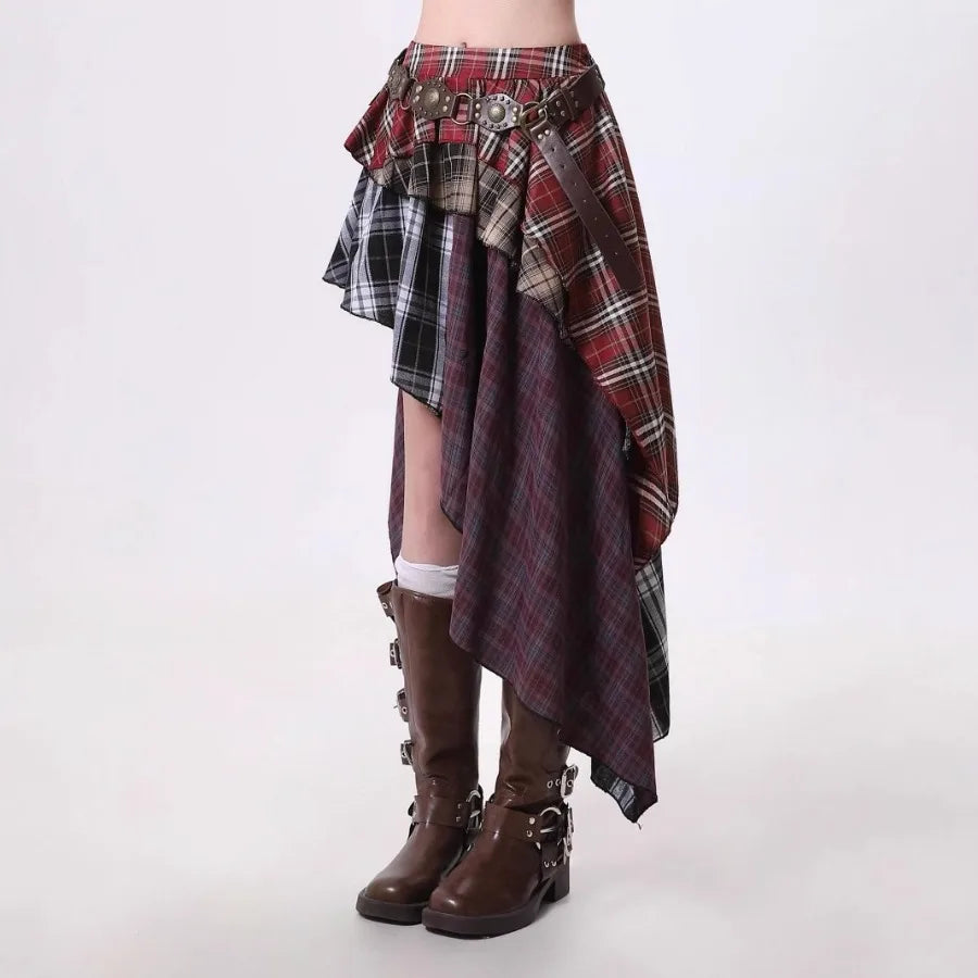 Vintage Plaid Asymmetric High-Waist Skirt — Preppy Academia Statement — side detail