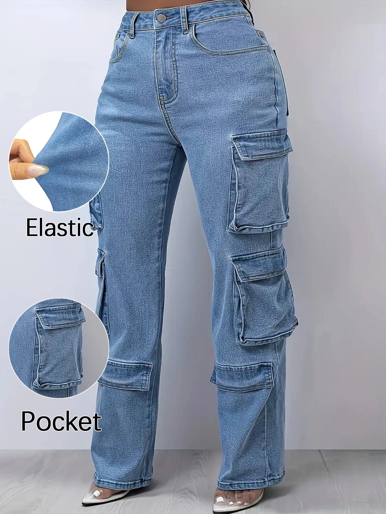 Plus-Size Light-Wash Cargo Jeans — Multi-Pocket Straight-Leg Streetwear Denim — variant view 5
