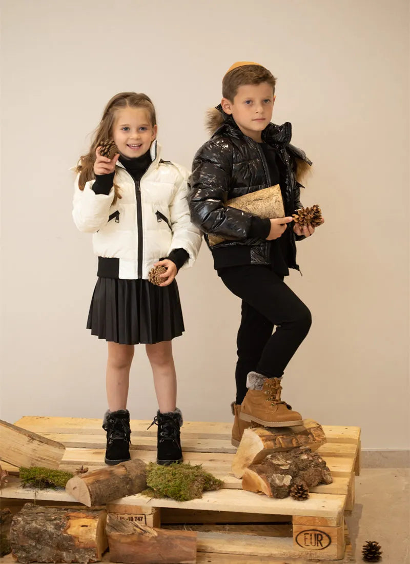 AS Kids' Winter Down Jacket – Bomber Design Coat with Natural Fur