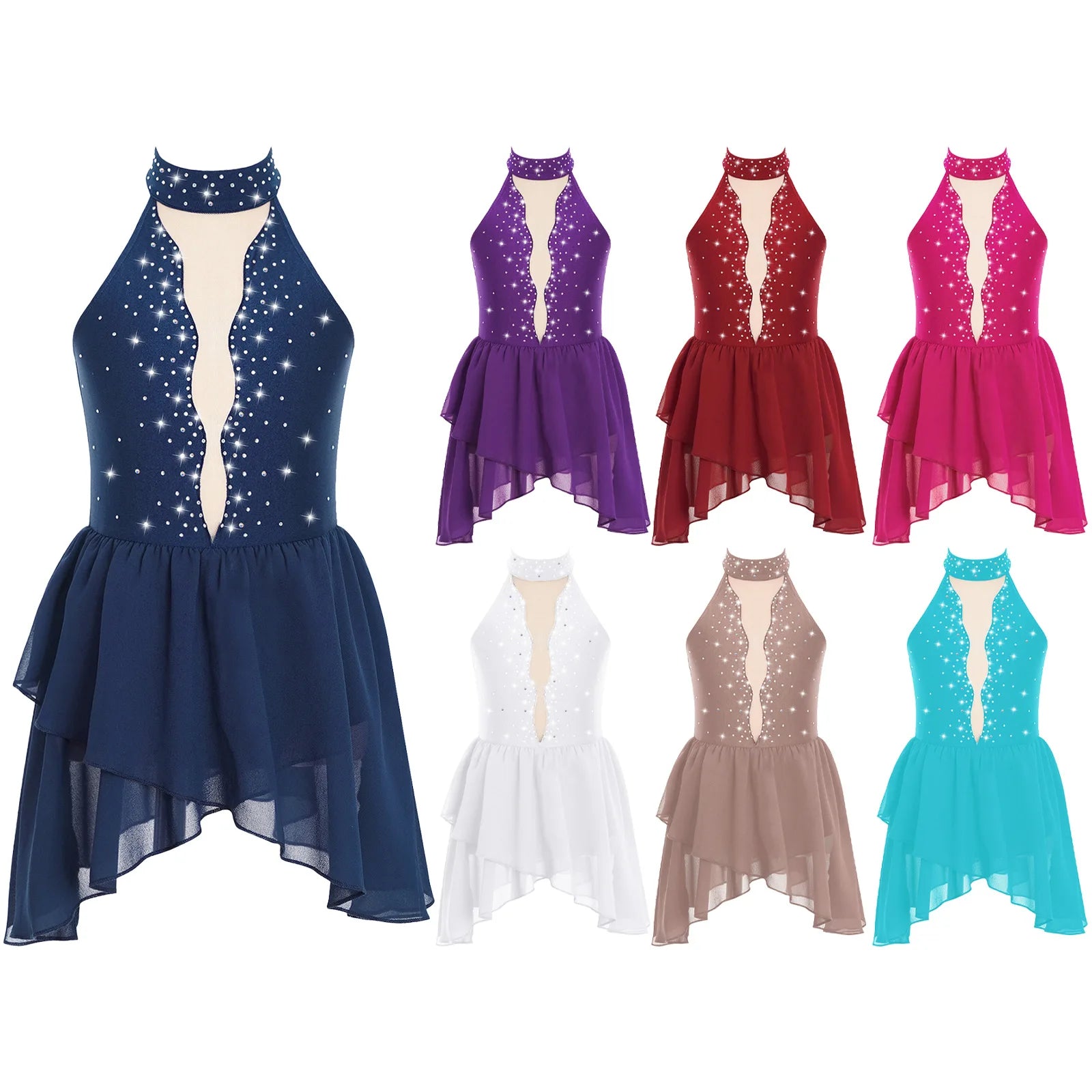 Kids Girls Rhinestone Dance Dress - Ballet Gymnastics Sleeveless Mesh Leotard — view 5 of dance costumes