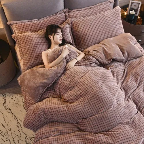 Coral Fleece Four-Piece Set Winter Thicken Thermal Double-Sided Flannel Bed Sheet Leopard Quilt Cover Milk Fiber Bedding