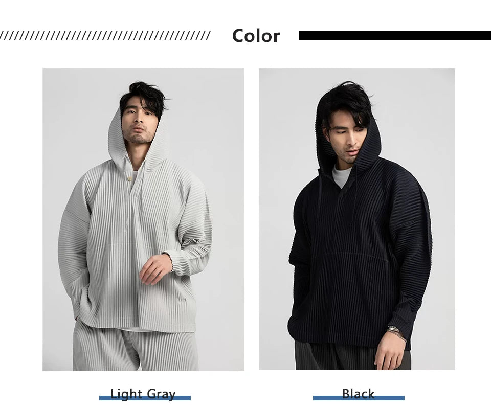 Miyake Pleated Hoodies For Men Black Hoodie Solid Color Coat Breathable Loose Drawstring Casual Top