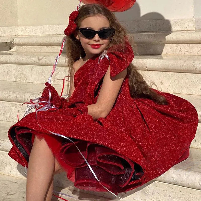 Luxurious Chinese New Year's Party Gown for Girls Banquet Dress for Young Girl Children Red Sequin One Shoulder Dresses for Gala