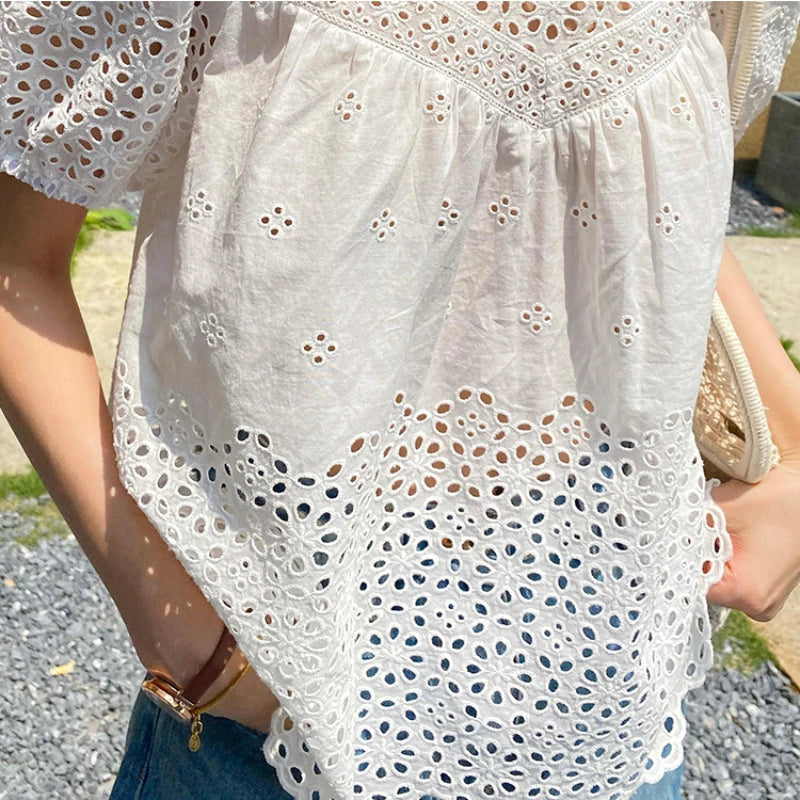 Floral Eyelets Cotton White Blouse Vacation Embroidered Cut-out Puff Sleeves Tops Short-sleeved Summer Shirt Women Clothing