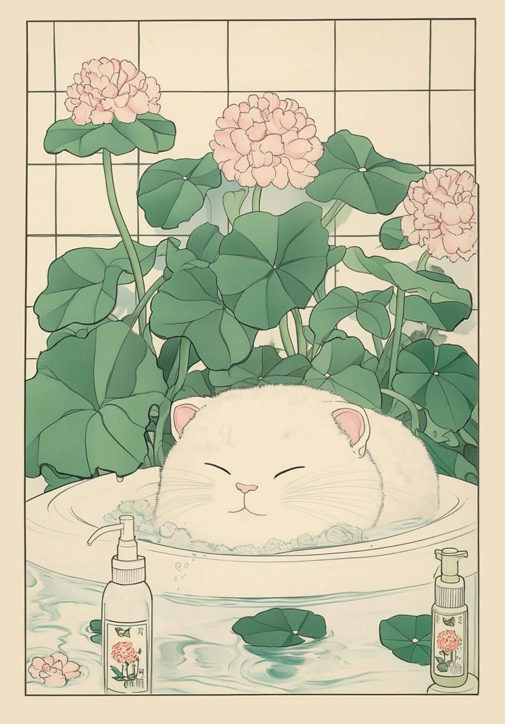 Japanese Tabby Cat in Bathtub Canvas Poster &mdash; Retro Japandi Wall Art for Bathroom &amp; Home — view 7 of wall art & prints