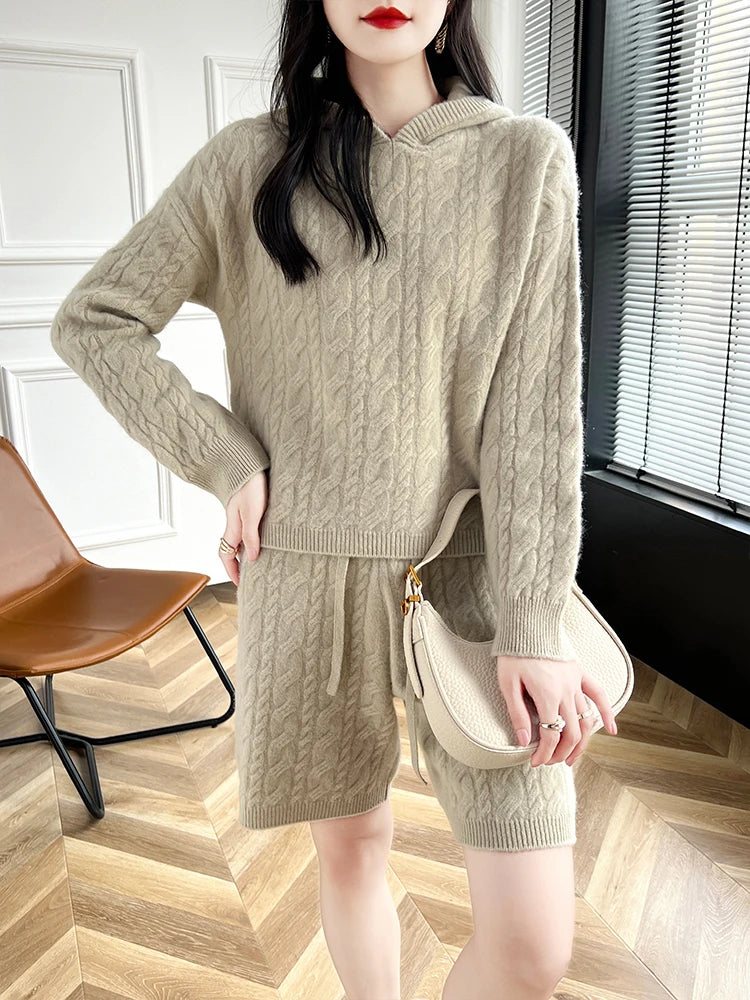 High Quality Suit Spring Autumn 100% Pure Wool Knitted Hoodie Women's Pullover Sweater And Short Pants Two-Piece Female Clothing