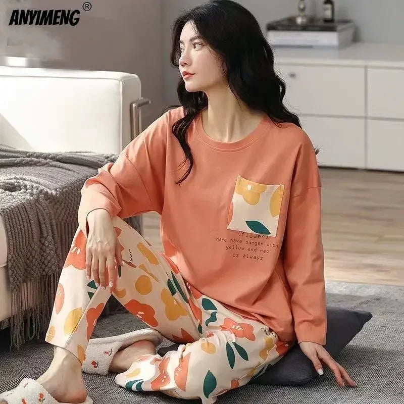 M-5XL Big Size Autumn Spring Pajamas Set for Women Kawaii Printing Sleepwear for Girl Fashion