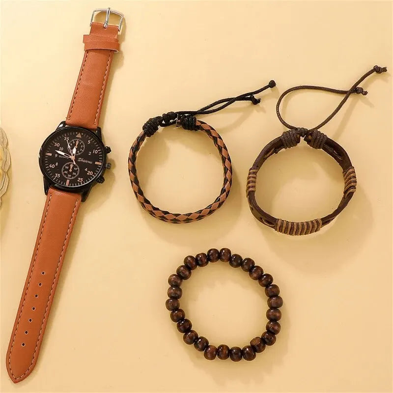 Men's Luxury Watch & Bracelet Gift Set — Fashion Business Brown Leather Quartz Wristwatch — view 2 of watches