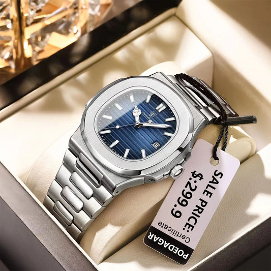 POEDAGAR Men's Square Luxury Watch — Waterproof Luminous Stainless Steel Sport Quartz Wristwatch — view 1 of watches
