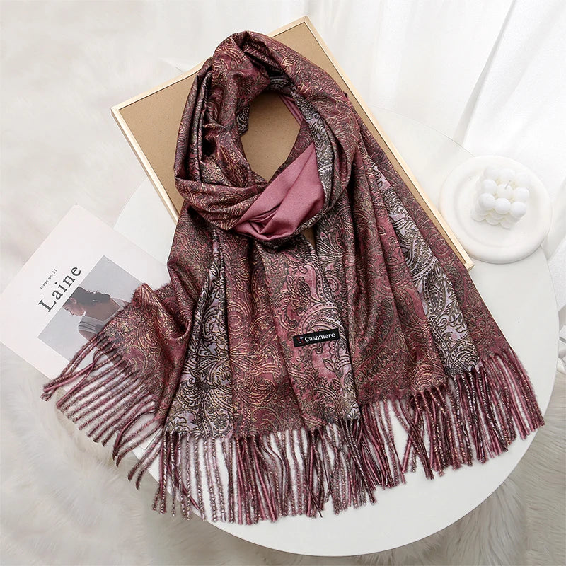 Luxury Paisley Pashmina Embroidery — Cashmere Reversible Drape Floral Designer Shawl Wrap — view 4 of scarves & wraps