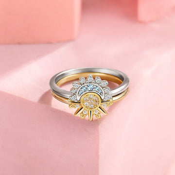 Unisex 925 Sterling Silver Sun & Moon Couple Ring Set — Sky Blue Cubic Zirconia Jewelry — view 2 of jewelry