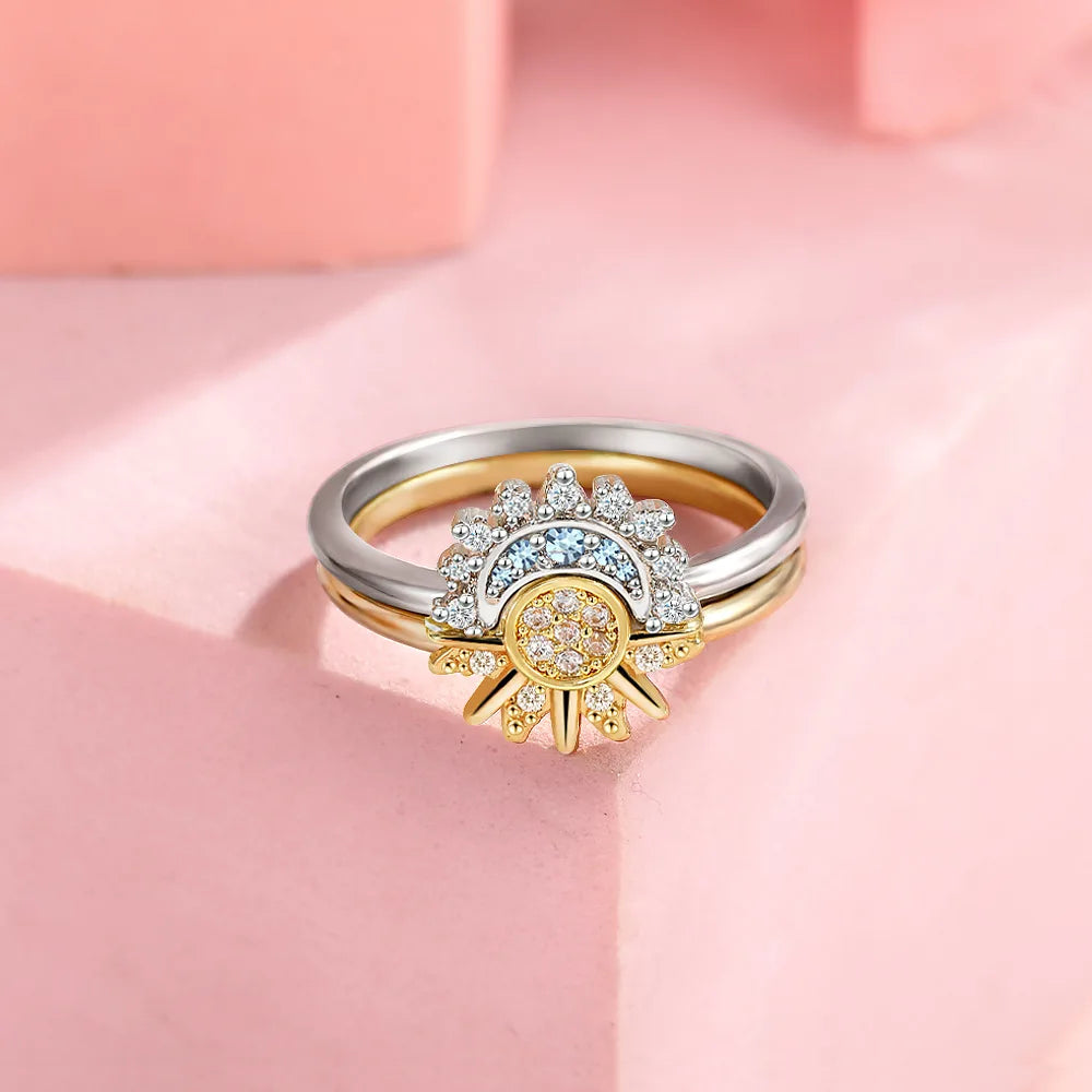 Unisex 925 Sterling Silver Sun & Moon Couple Ring Set — Sky Blue Cubic Zirconia Jewelry — view 2 of jewelry