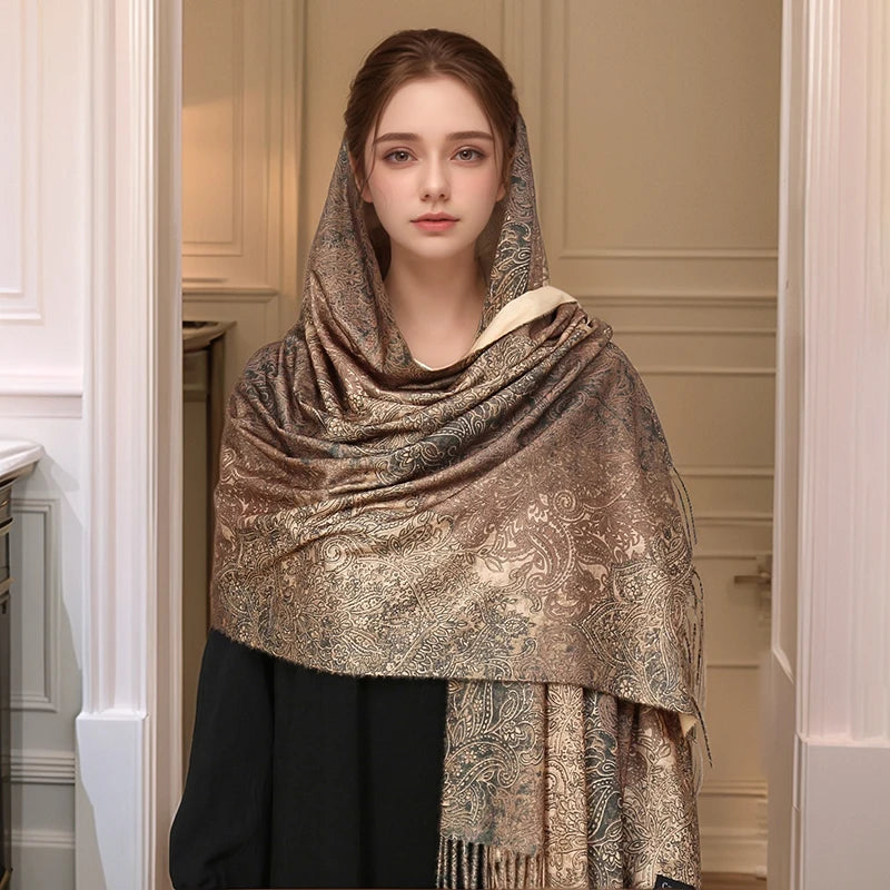 Luxury Paisley Pashmina Embroidery — Cashmere Reversible Drape Floral Designer Shawl Wrap — view 10 of scarves & wraps