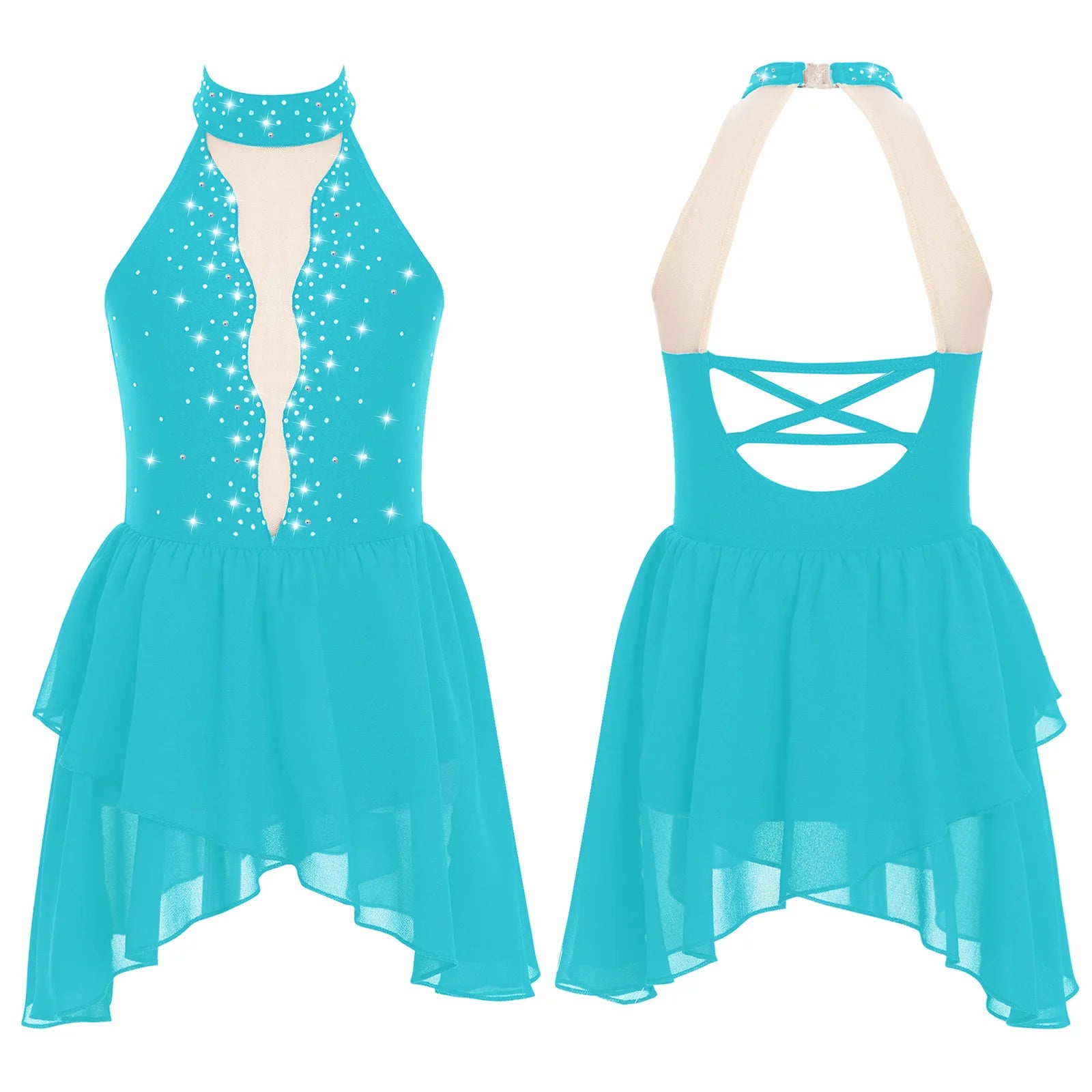 Kids Girls Rhinestone Dance Dress - Ballet Gymnastics Sleeveless Mesh Leotard — view 8 of dance costumes