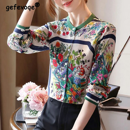 Women's Vintage Floral Print Stand Collar Button Shirt Spring Autumn Fashion Elegant Chiffon Blouse Long Sleeve Slim Tops Blusas