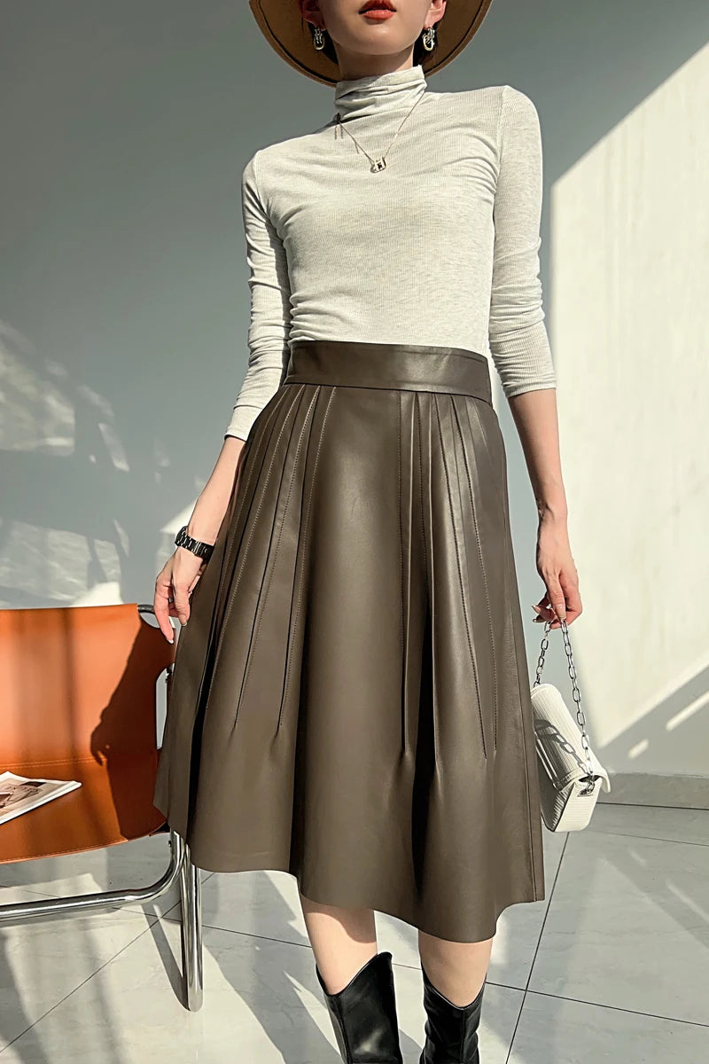 Women Leather Skirts 2024 Winter High-End Heartthrob Italian High-Quality Sheepskin Folded Faldas Mujer Over Knee Pleated Jupe