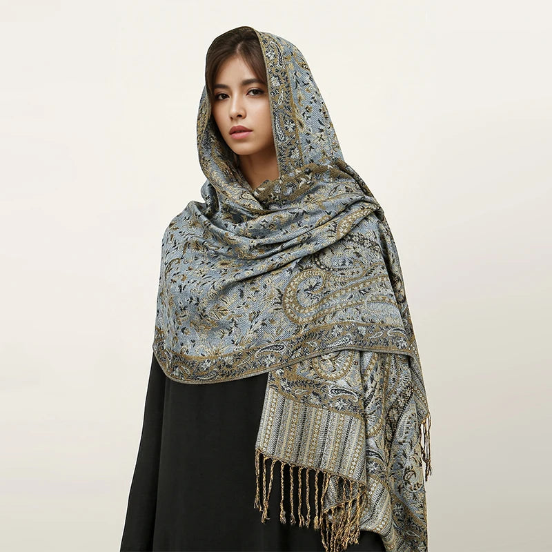 Bohemia Hijab Scarf Pashmina — Cashmere Modest-Fashion Long Shawl, Boho Print Head Wrap — view 10 of scarves & wraps