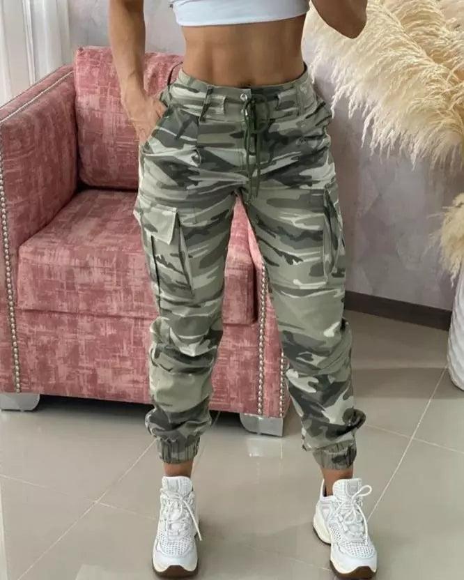 Camouflage Print Drawstring Pocket Design Cargo Pants 2024 Newfashion Women's Bottom