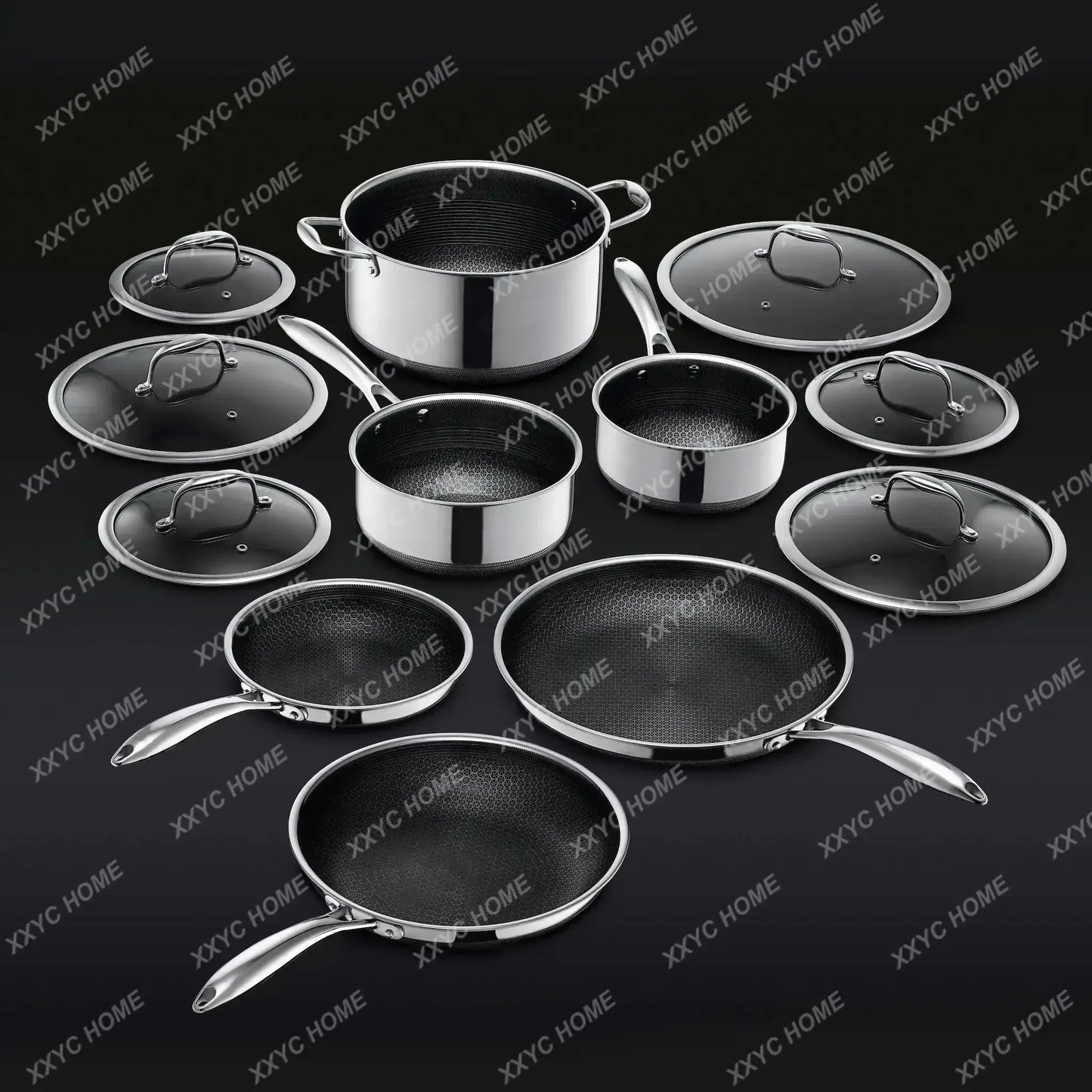 20-Piece HexClad Hybrid Cookware Set – Stainless Steel 3-Ply with Honeycomb Non-Stick & Lids