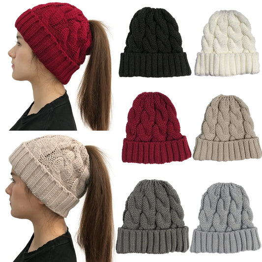 Women Winter Hats Beanies Knitted Girls Cap Twist Crochet Winter Hats For Female Pompom Beanie Ear Braid Ponytail Hat Skullies