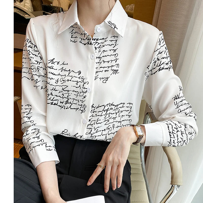 Women Spring Korean Loose Elegant Letter Printing All-match Long Sleeve Shirts Women Clothes Casual Office Lady Printing Tops